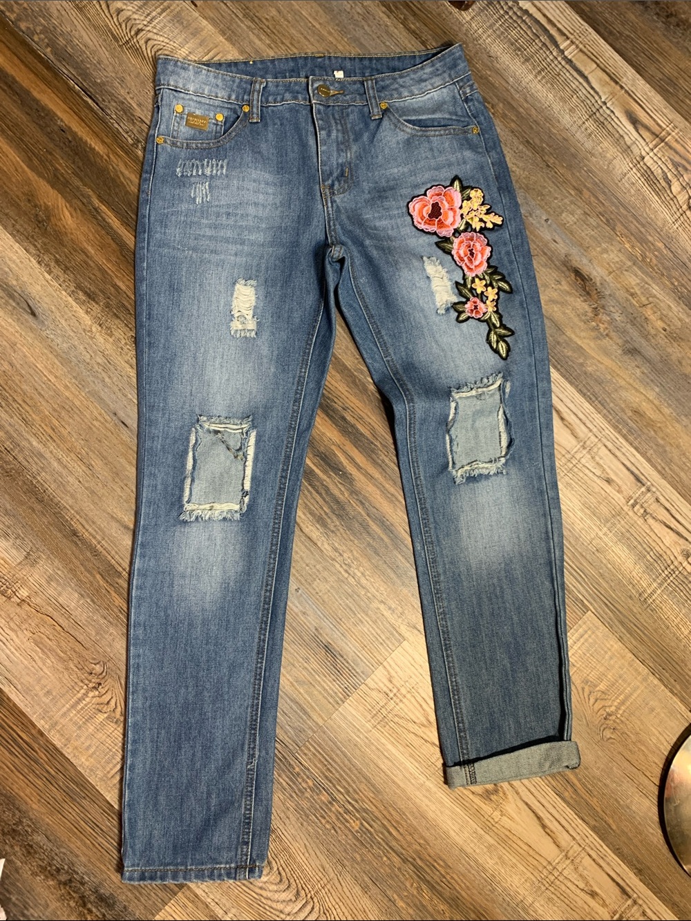paparazzi Blue Distressed Boyfriend Jeans with Pink Floral Patch